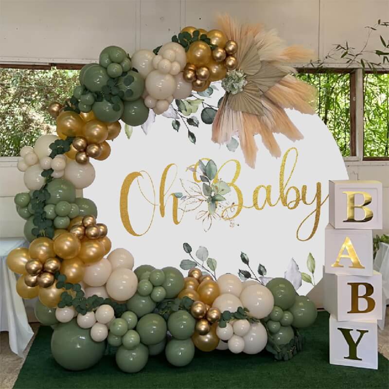 Oh Baby Greenery Gold Baby Shower Round Backdrop Cover-ubackdrop